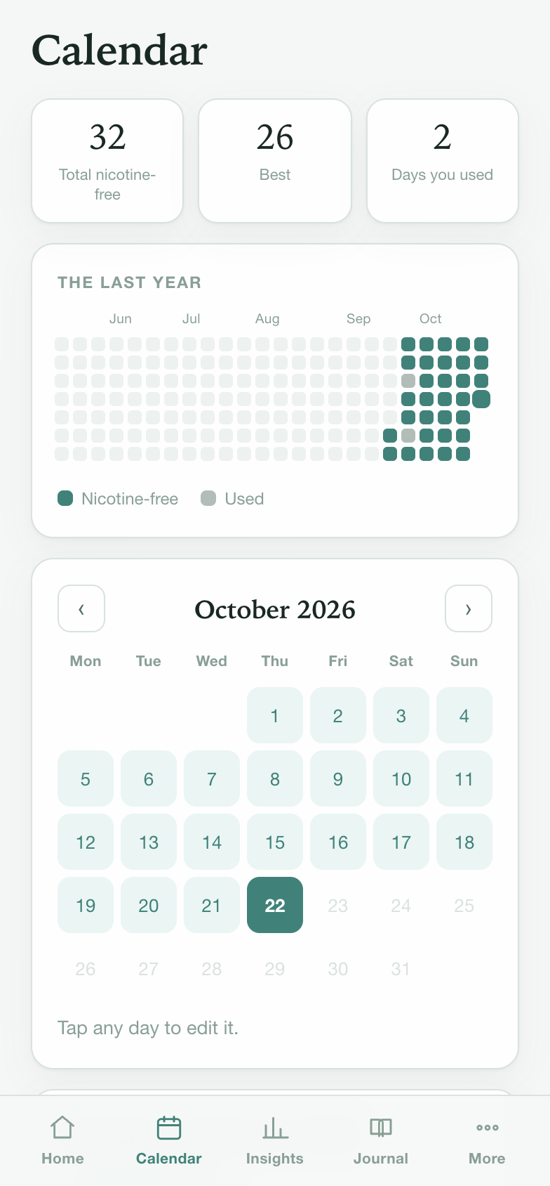 A year of nicotine-free days as a dot grid, with two grey days where the user slipped