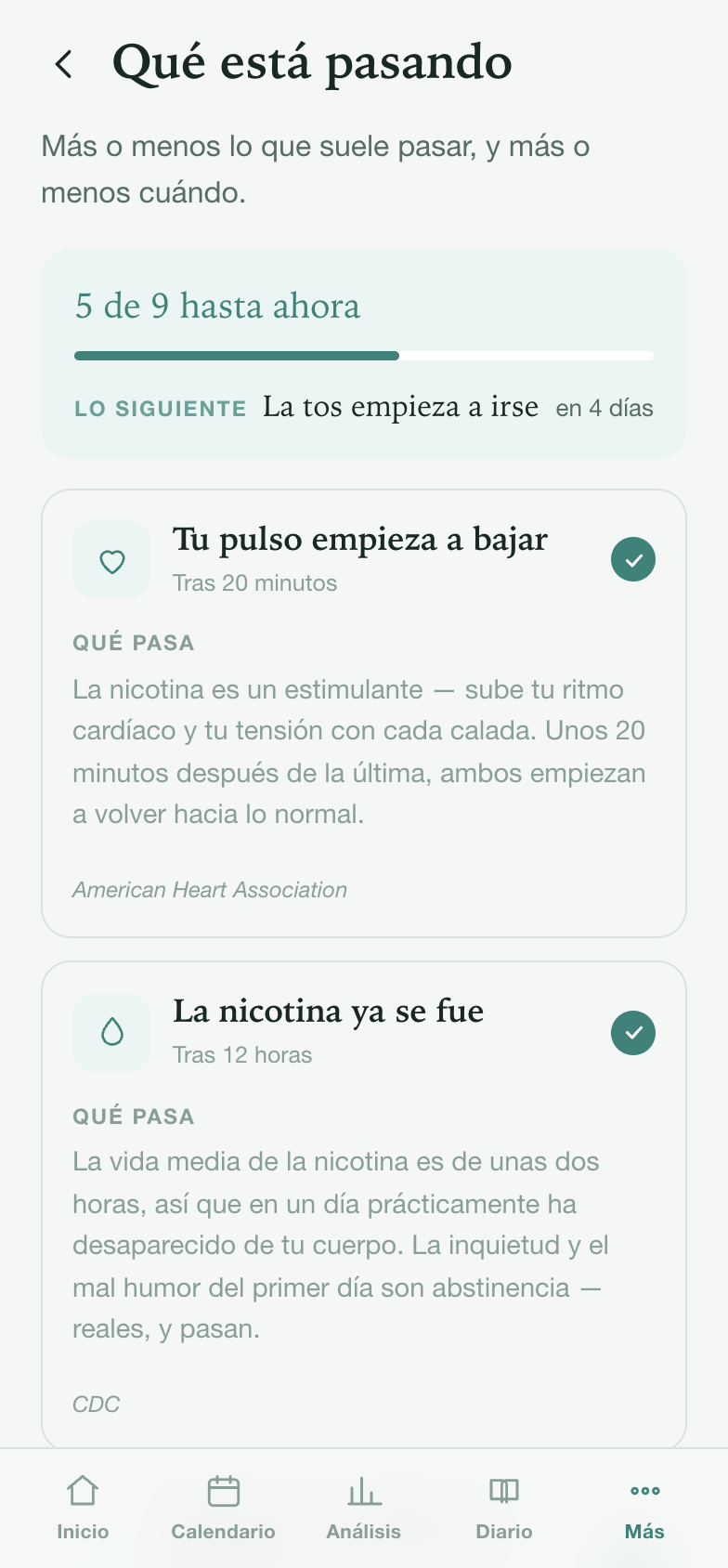 Línea de tiempo de salud con lo que se recupera tras dejar la nicotina y más o menos cuándo