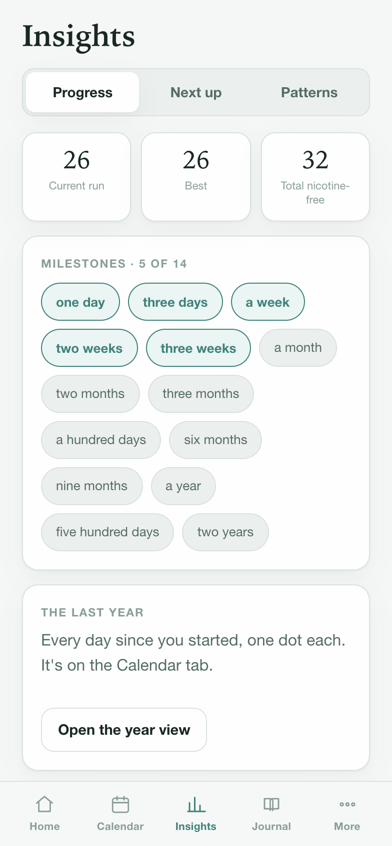 Insights showing the current run, best streak, total days and the milestones passed