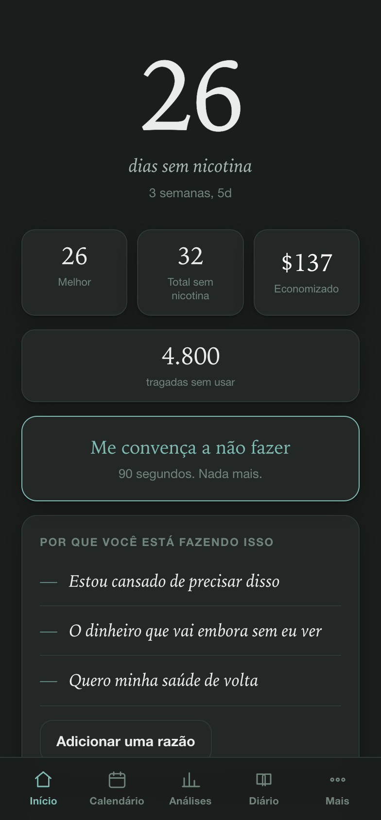 A mesma tela inicial em modo escuro